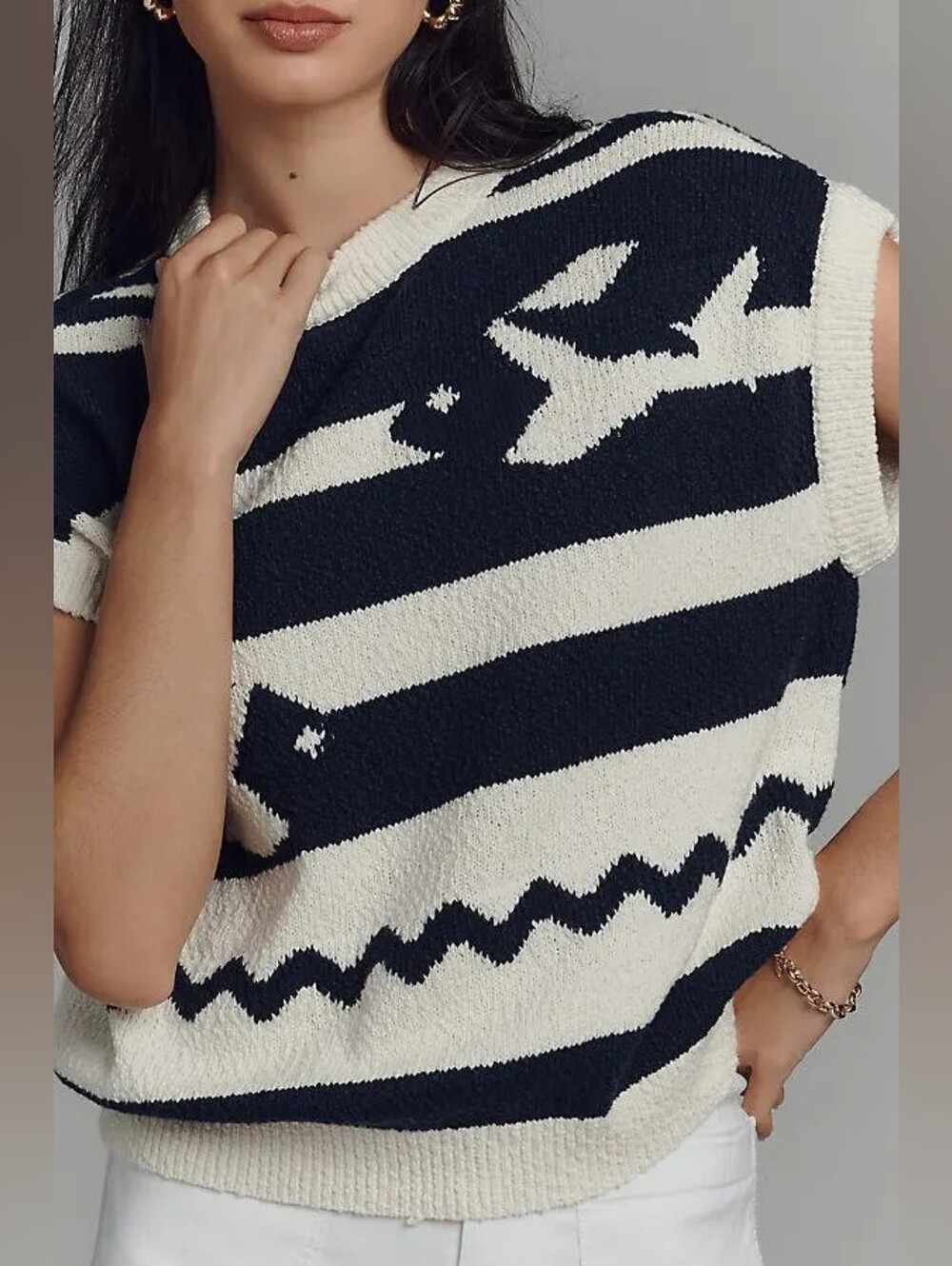 Anthropologie Maeve Crewneck Cap-Sleeve Fish Motif Knit Sweater Vest